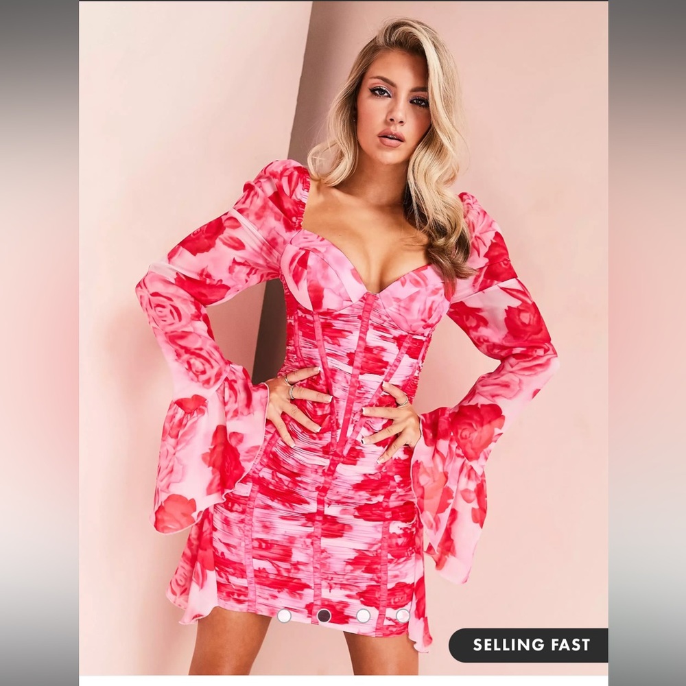 ASOS Pink and Red Floral Corset Mini Dress